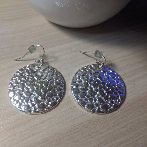 Silver Disc Earrings Textured Metal Round Drop - Picture 2 of 4